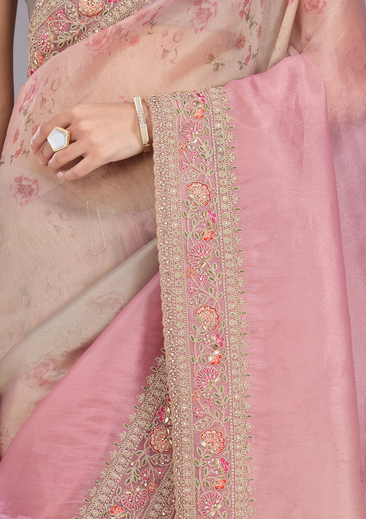 Baby Pink Sequins Organza Saree