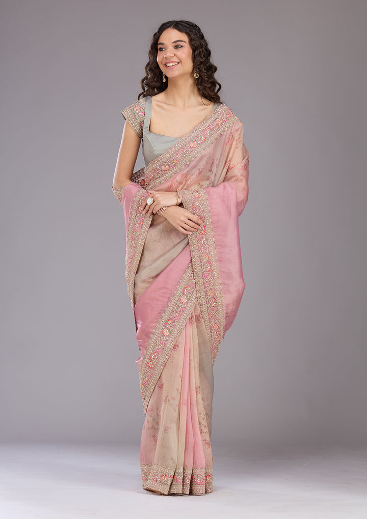 Baby Pink Sequins Organza Saree