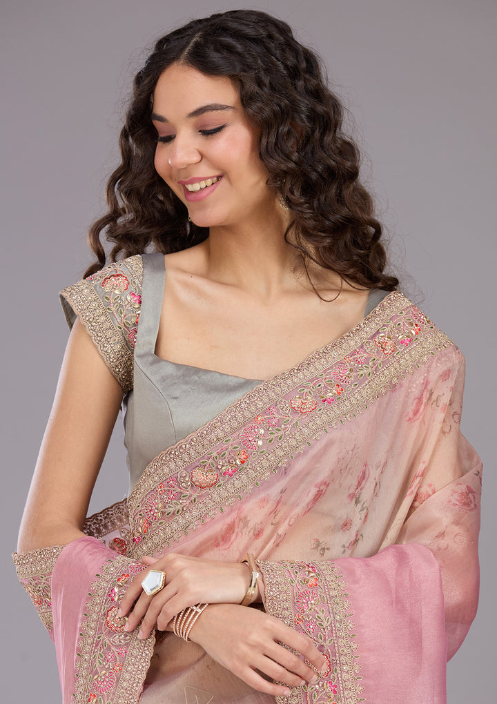 Baby Pink Sequins Organza Saree