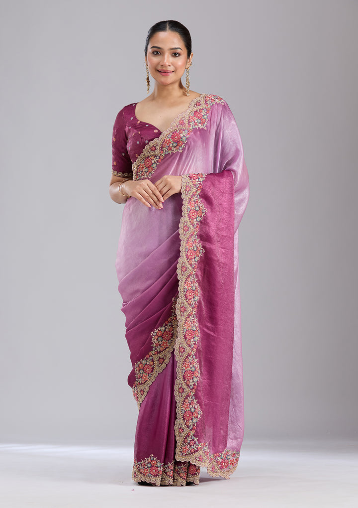 Lavender Tissue Threadwork Saree With Matching Blouse Piece