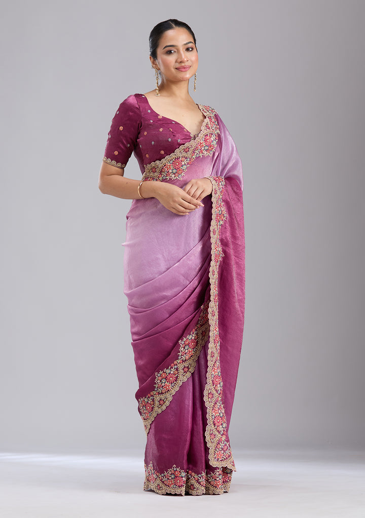 Lavender Tissue Threadwork Saree With Matching Blouse Piece