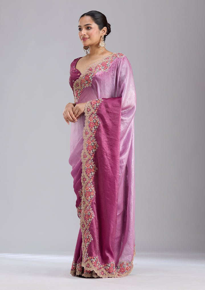 Lavender Tissue Threadwork Saree With Matching Blouse Piece