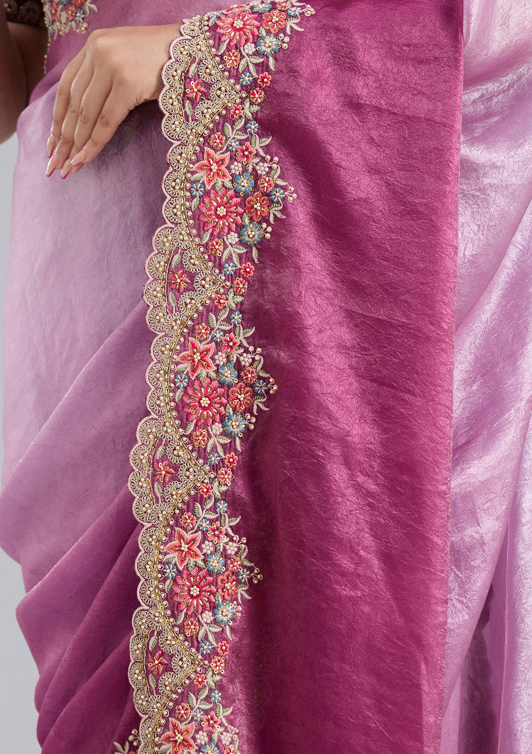 Lavender Tissue Threadwork Saree With Matching Blouse Piece
