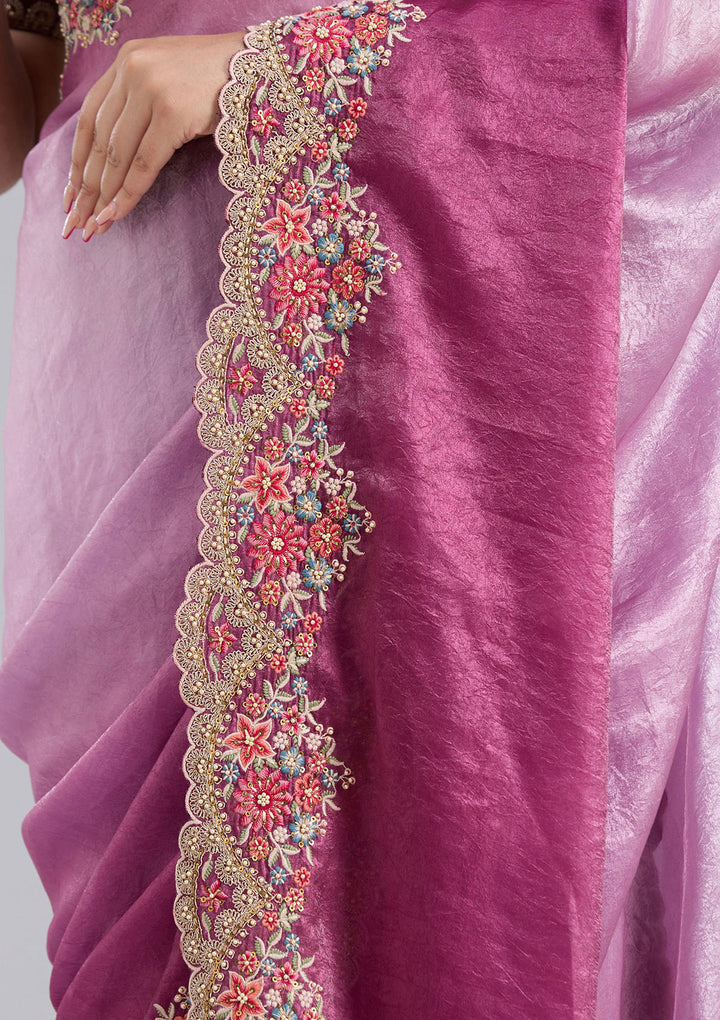 Lavender Tissue Threadwork Saree With Matching Blouse Piece