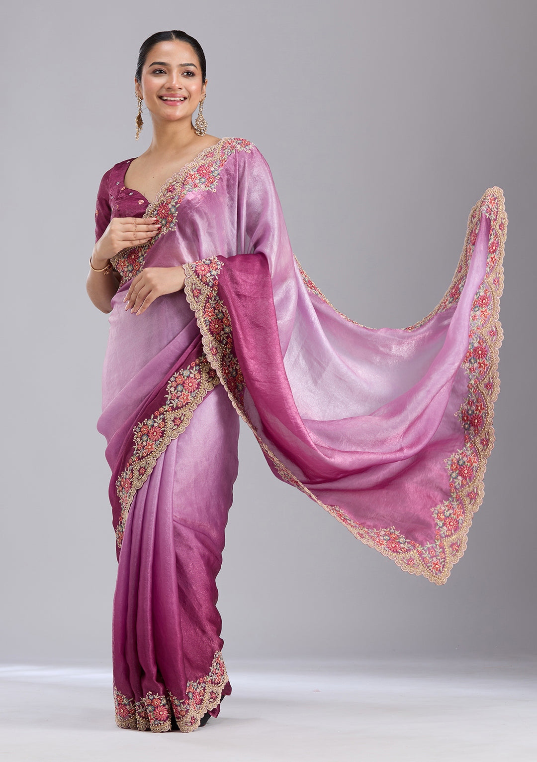 Lavender Tissue Threadwork Saree With Matching Blouse Piece