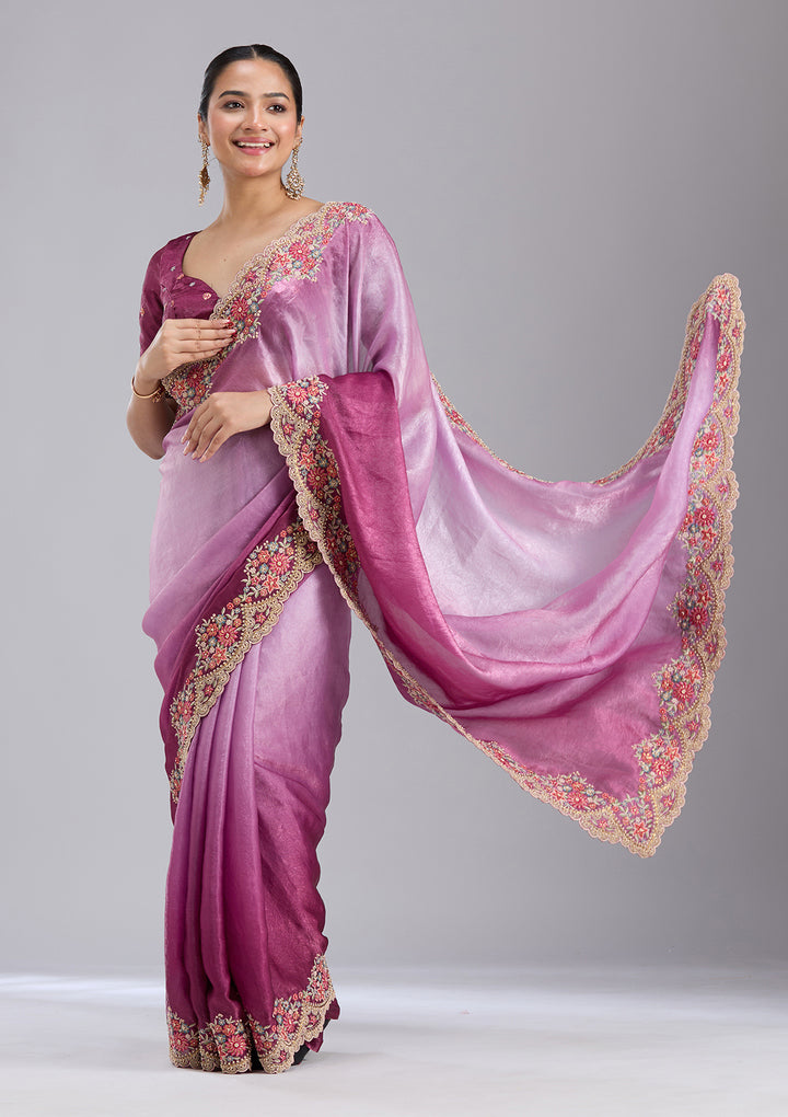 Lavender Tissue Threadwork Saree With Matching Blouse Piece