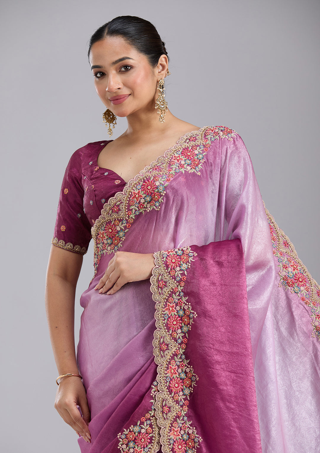 Lavender Tissue Threadwork Saree With Matching Blouse Piece