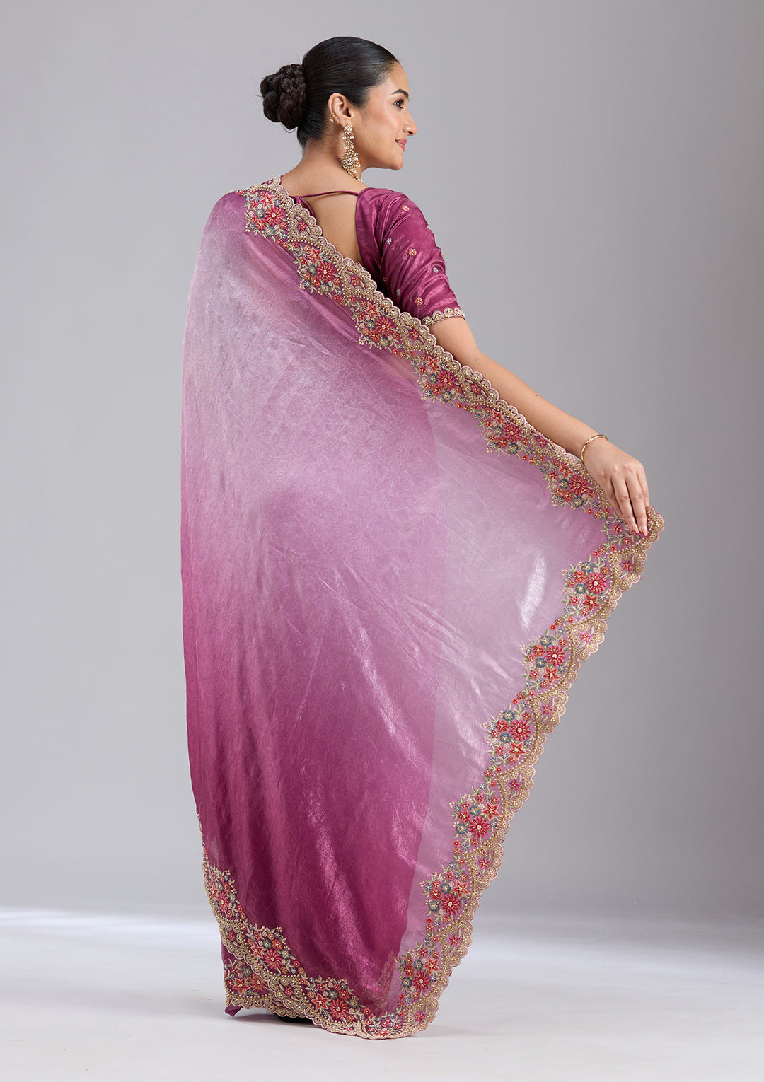 Lavender Tissue Threadwork Saree With Matching Blouse Piece