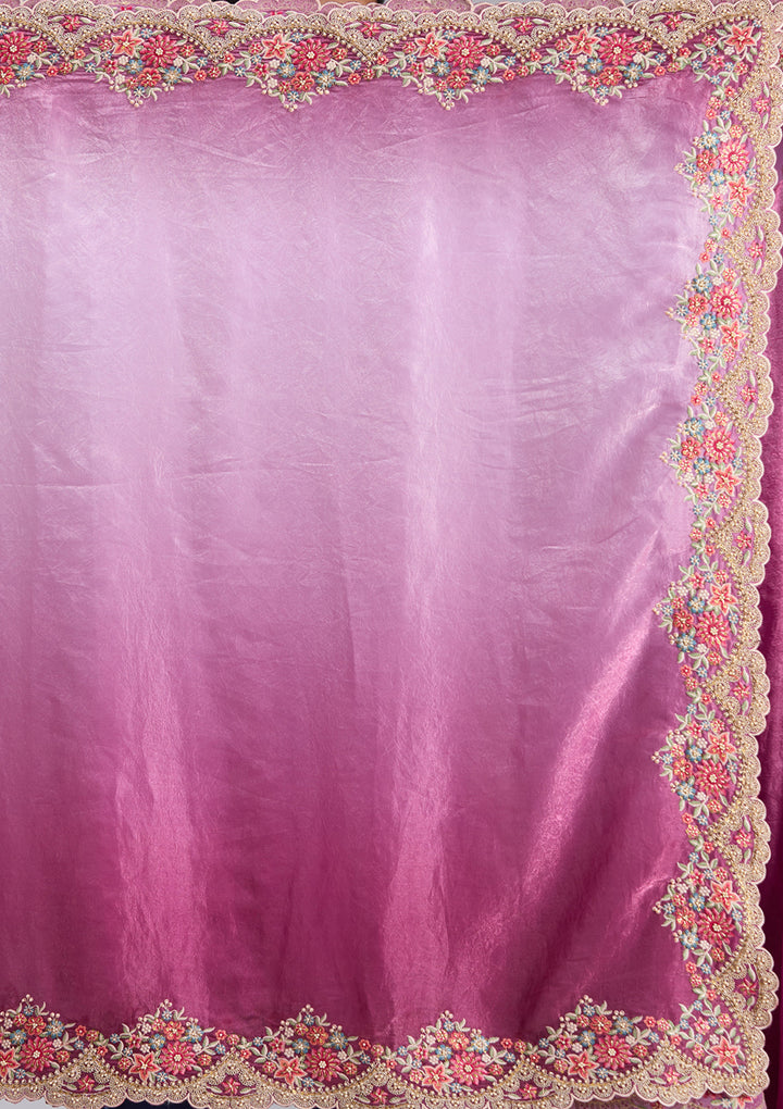 Lavender Tissue Threadwork Saree With Matching Blouse Piece