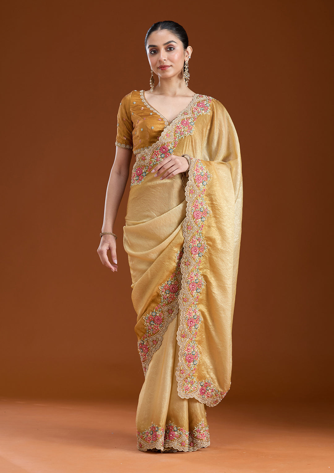 Mustard Threadwork Tissue Saree