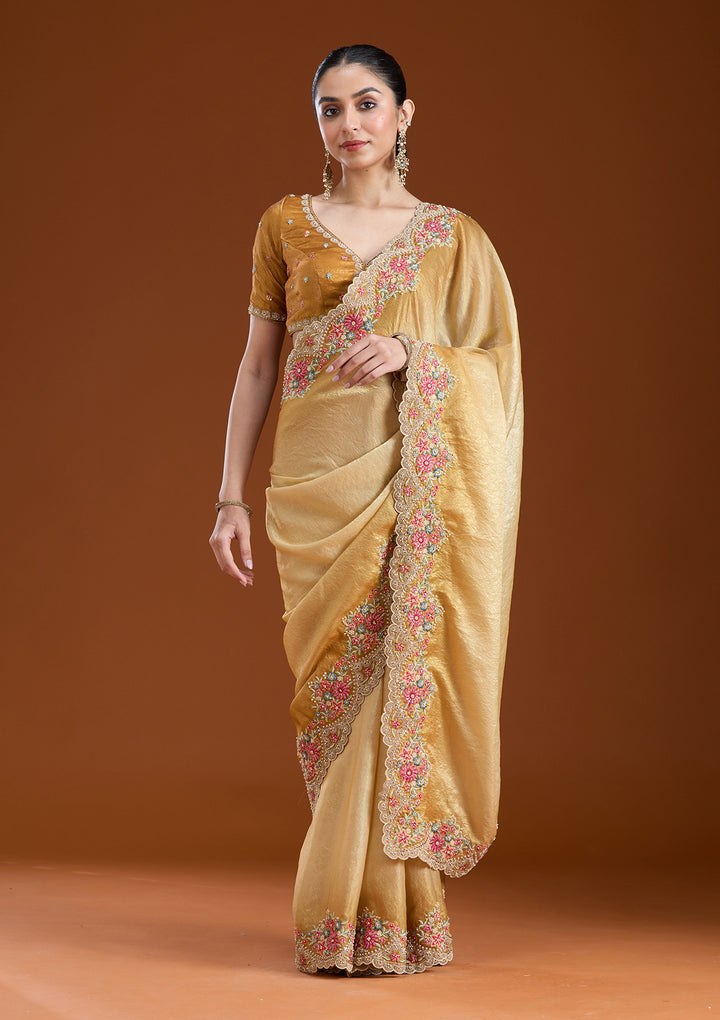 Mustard Threadwork Tissue Saree