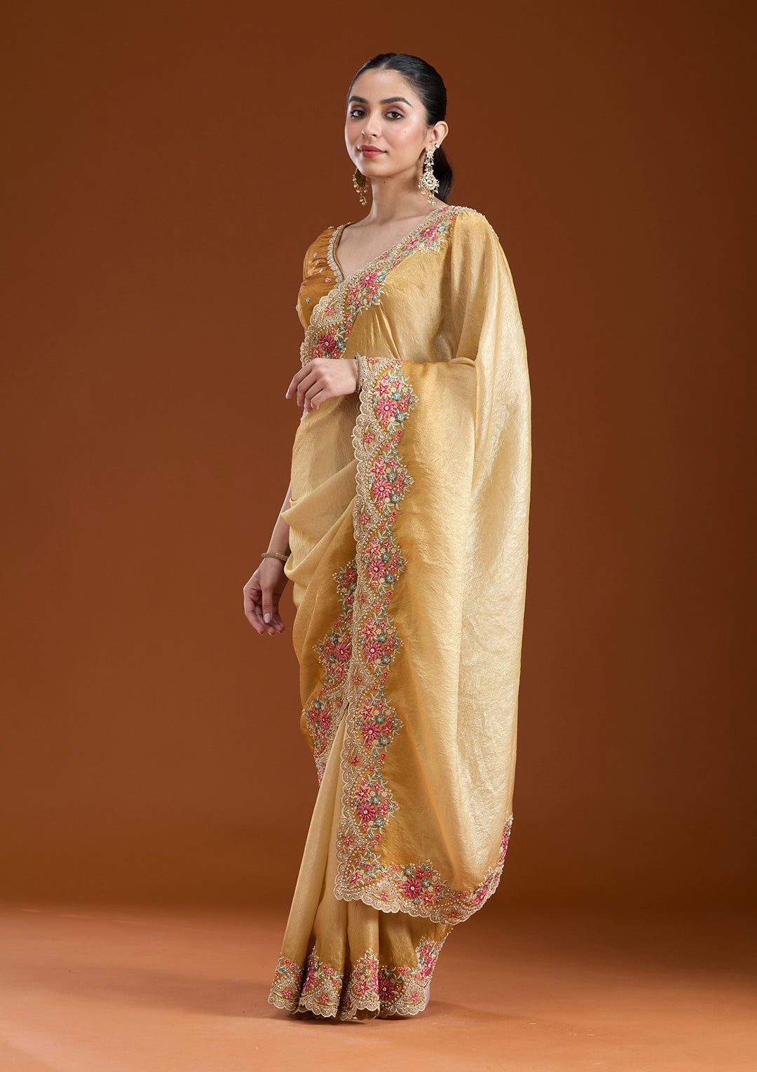 Mustard Threadwork Tissue Saree