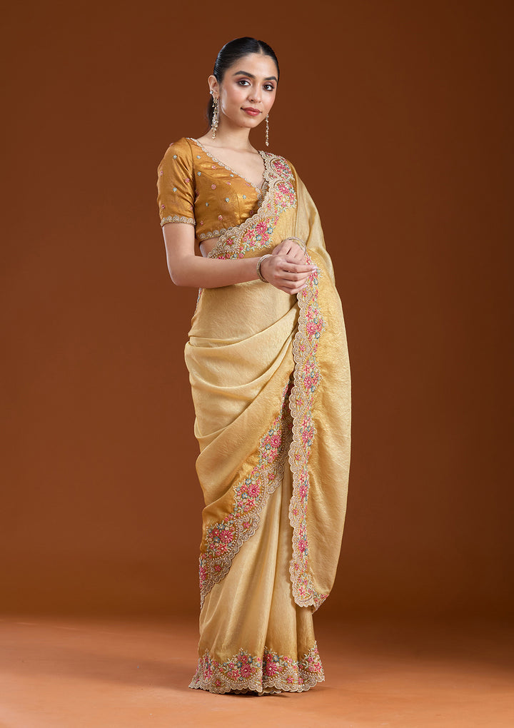 Mustard Threadwork Tissue Saree