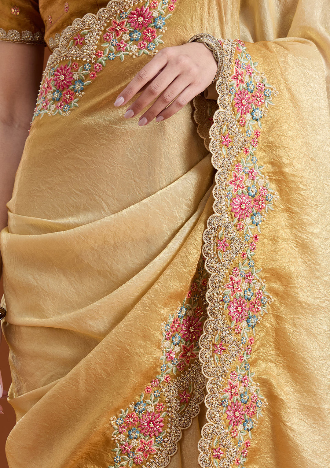 Mustard Threadwork Tissue Saree