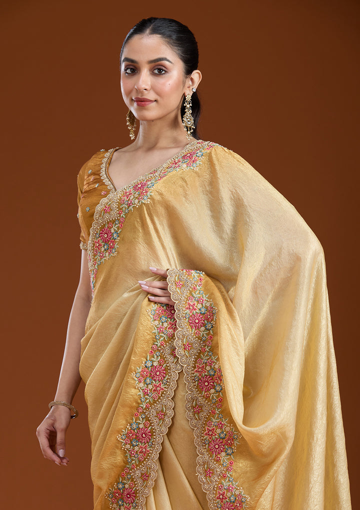 Mustard Threadwork Tissue Saree