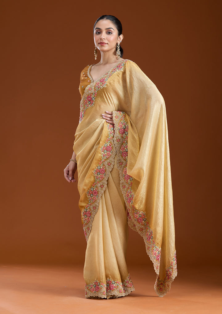 Mustard Threadwork Tissue Saree