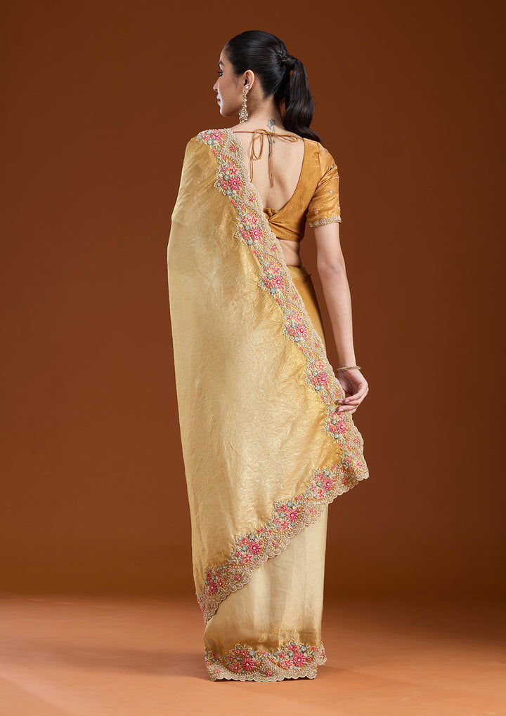 Mustard Threadwork Tissue Saree