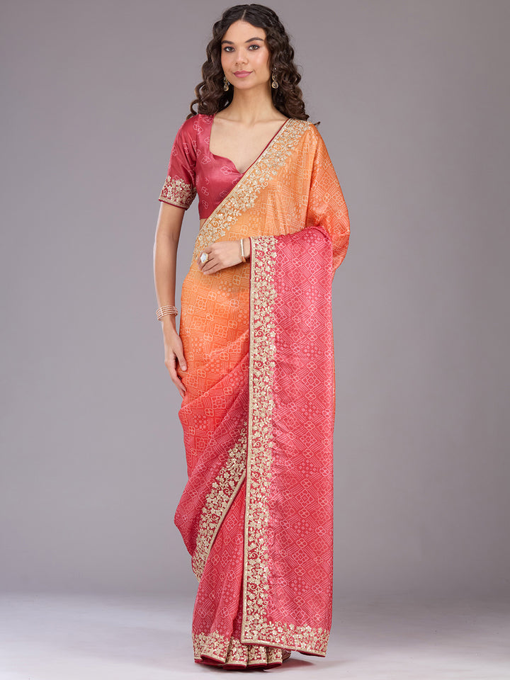 Orange Organza Bandhej Cording Saree With Matching Blouse Piece