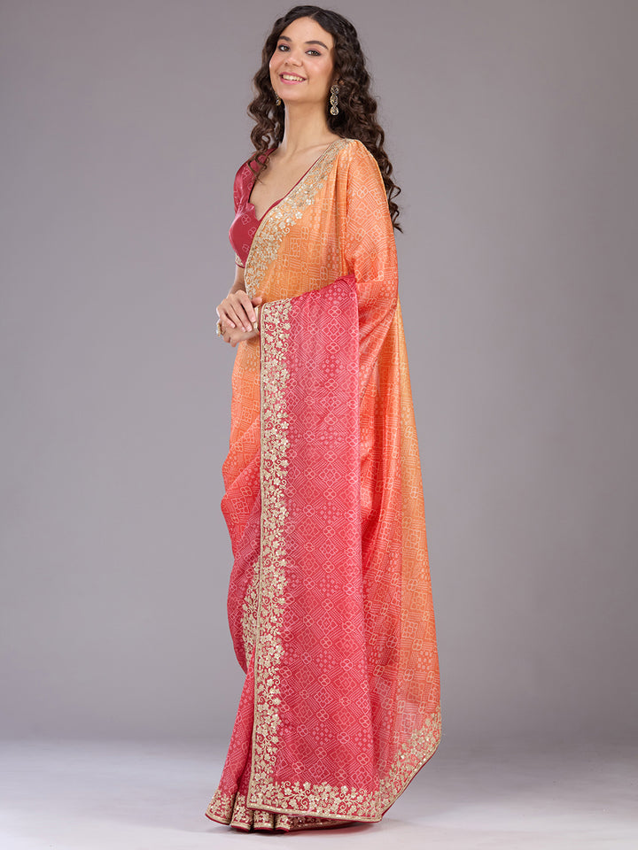 Orange Organza Bandhej Cording Saree With Matching Blouse Piece