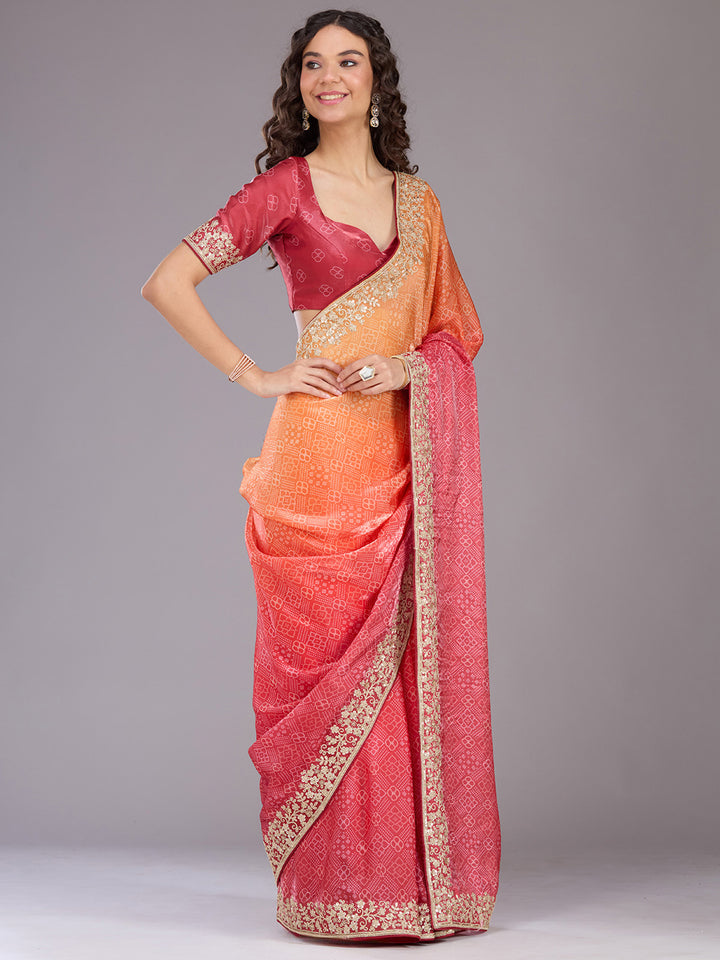 Orange Organza Bandhej Cording Saree With Matching Blouse Piece