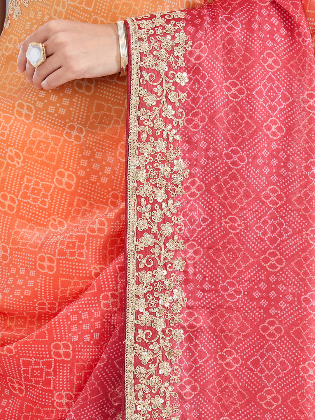 Orange Organza Bandhej Cording Saree With Matching Blouse Piece