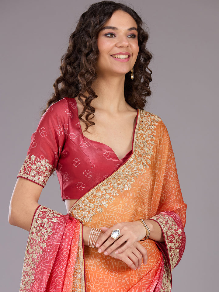Orange Organza Bandhej Cording Saree With Matching Blouse Piece