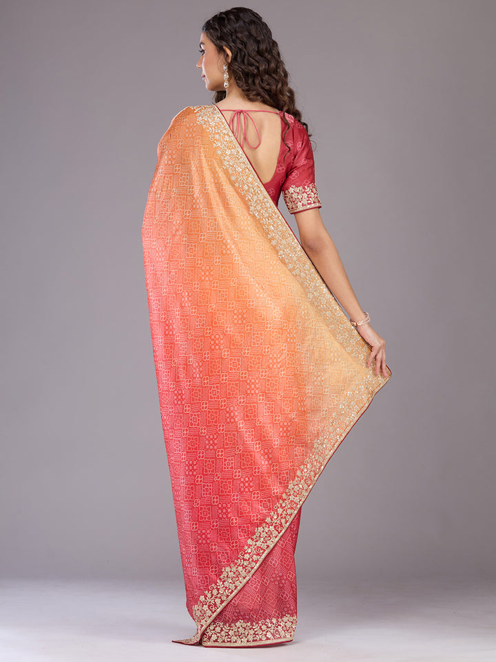 Orange Organza Bandhej Cording Saree With Matching Blouse Piece