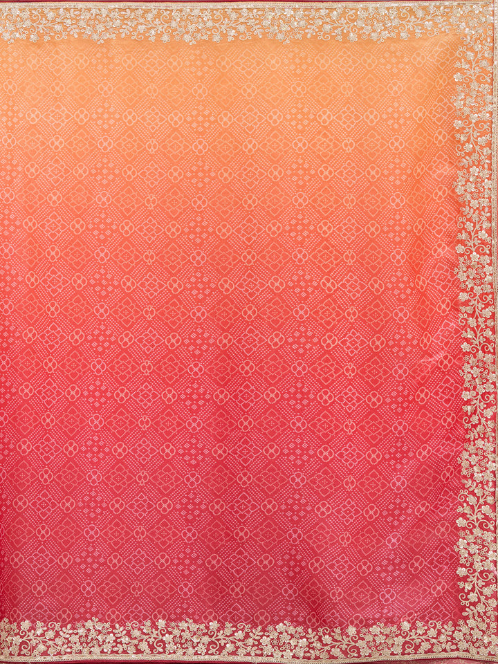 Orange Organza Bandhej Cording Saree With Matching Blouse Piece