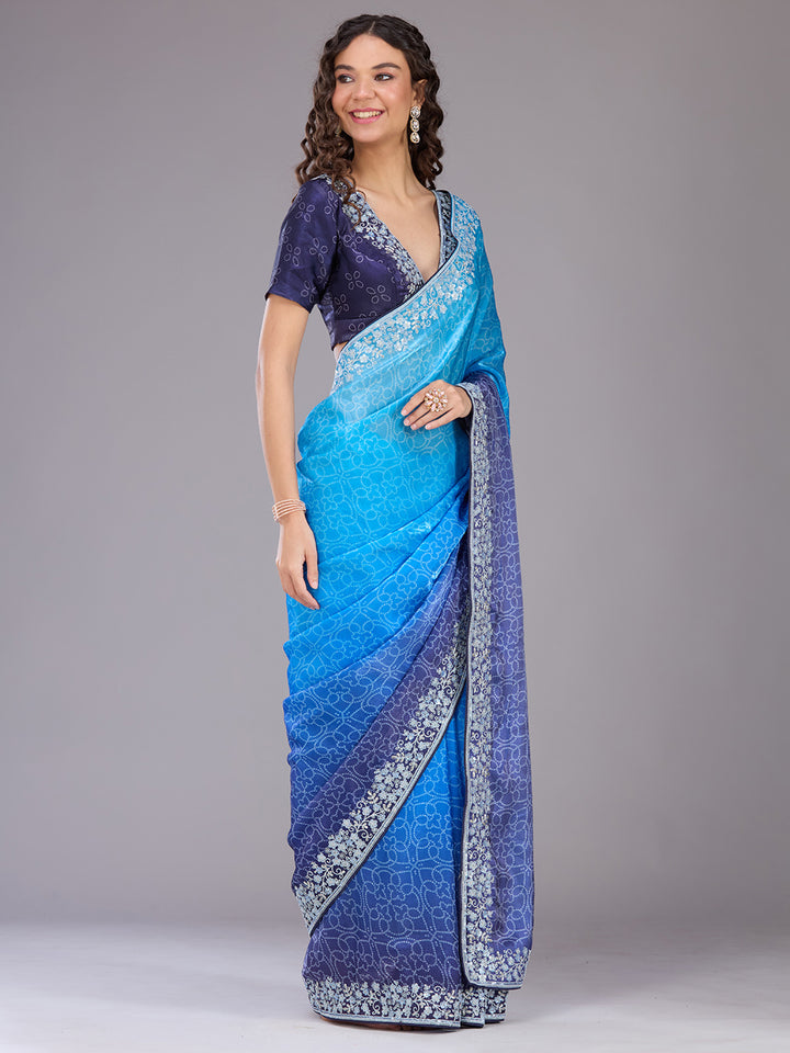 Sky Blue Organza Bandhej Cording Saree With Matching Blouse Piece