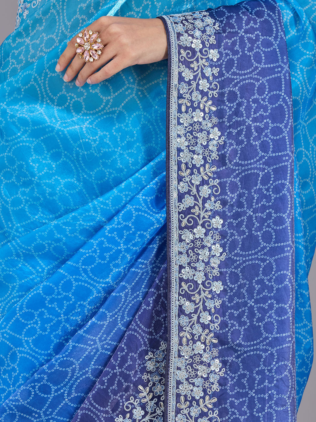 Sky Blue Organza Bandhej Cording Saree With Matching Blouse Piece
