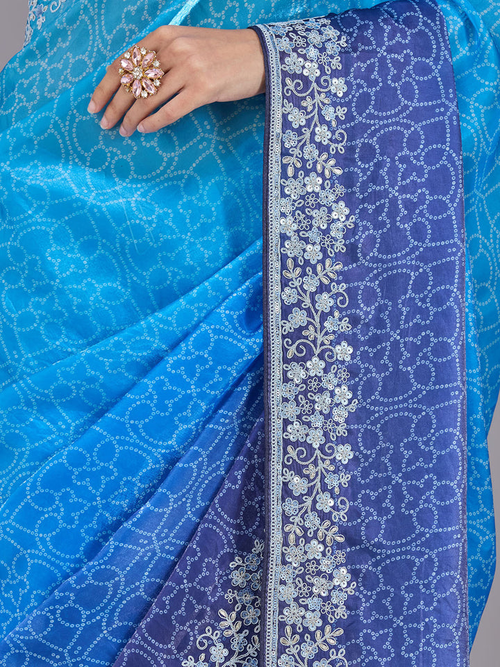 Sky Blue Organza Bandhej Cording Saree With Matching Blouse Piece