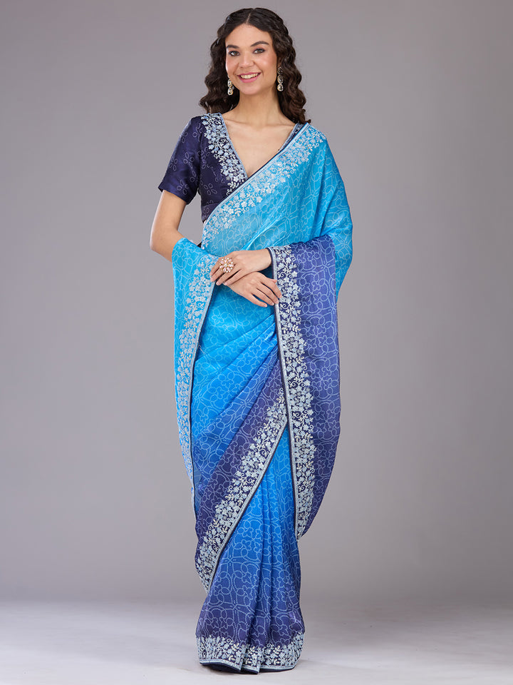 Sky Blue Organza Bandhej Cording Saree With Matching Blouse Piece