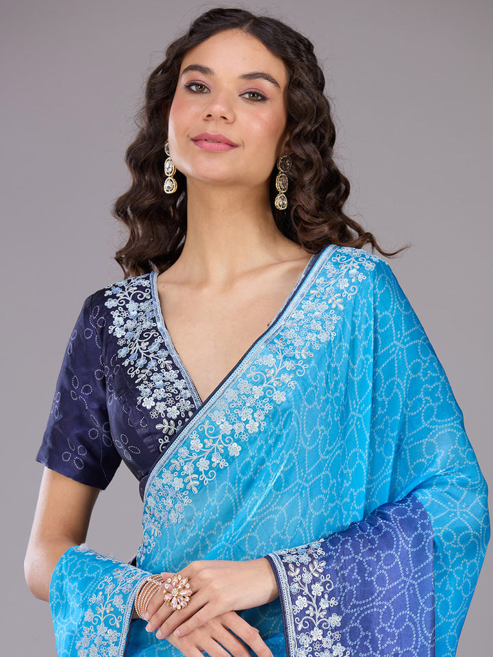Sky Blue Organza Bandhej Cording Saree With Matching Blouse Piece
