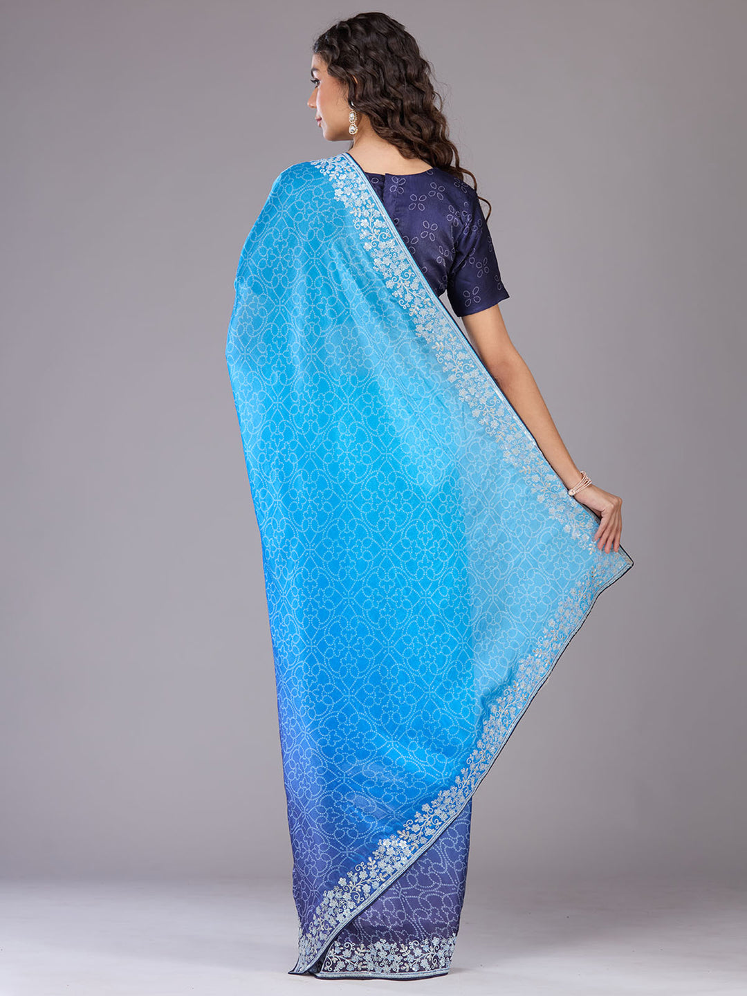 Sky Blue Organza Bandhej Cording Saree With Matching Blouse Piece