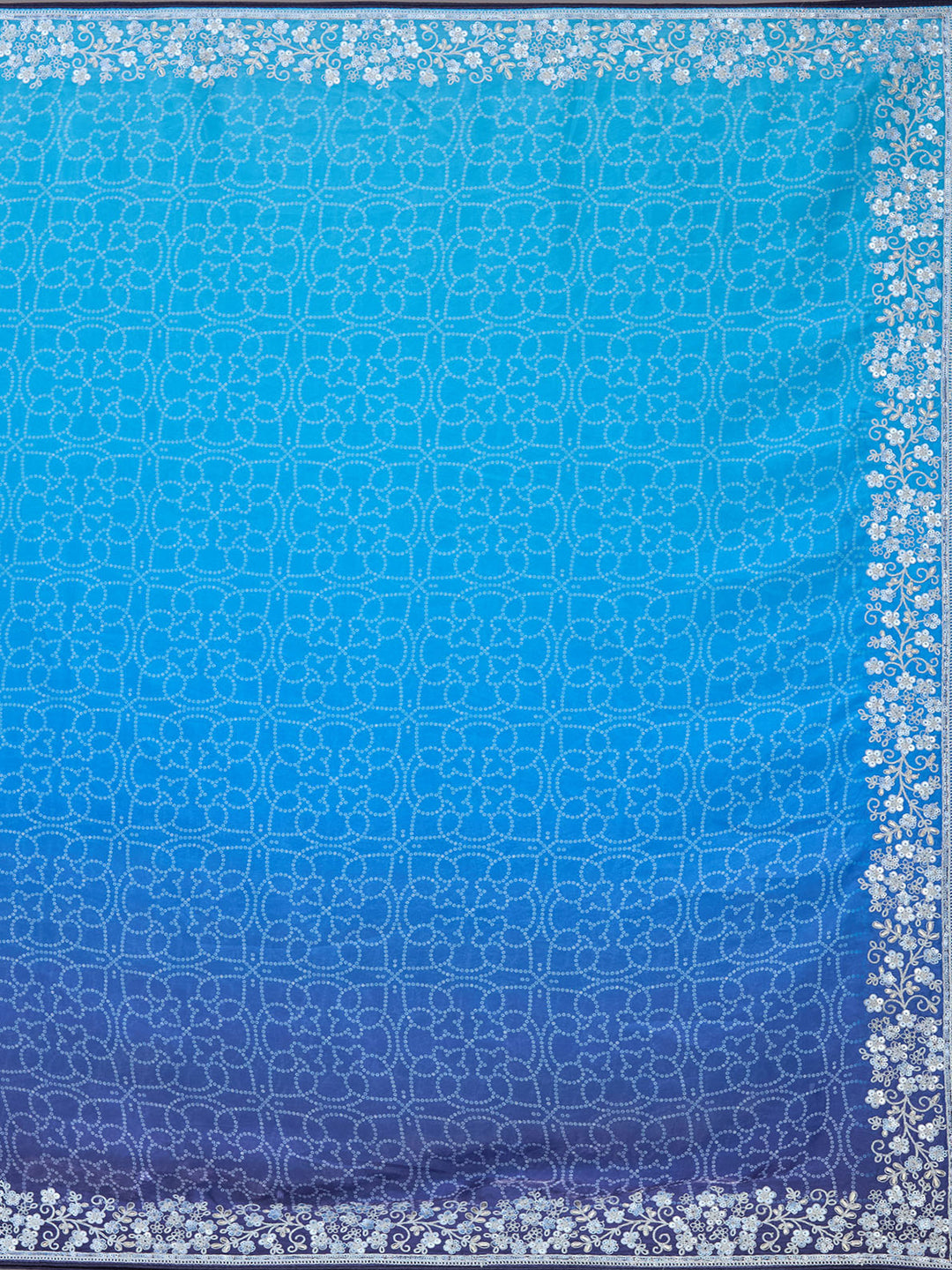 Sky Blue Organza Bandhej Cording Saree With Matching Blouse Piece