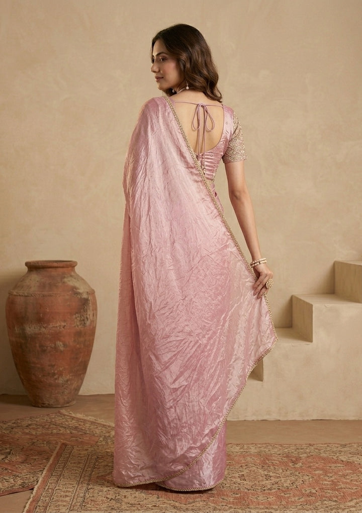 Onion Pink Organza Sequins Saree With Matching Blouse Piece