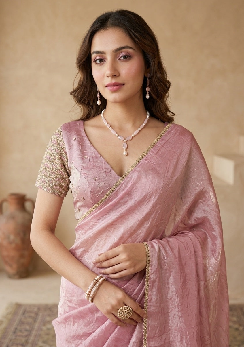 Onion Pink Organza Sequins Saree With Matching Blouse Piece