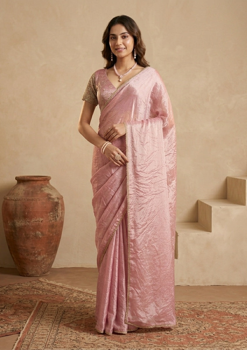 Onion Pink Organza Sequins Saree With Matching Blouse Piece