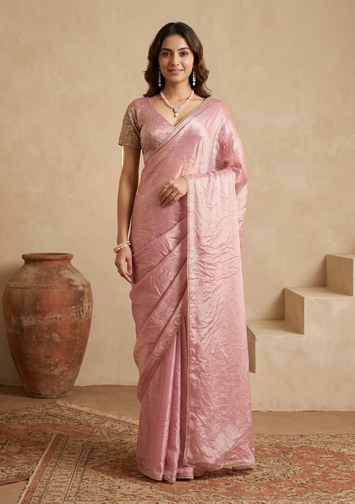 Onion Pink Organza Sequins Saree With Matching Blouse Piece