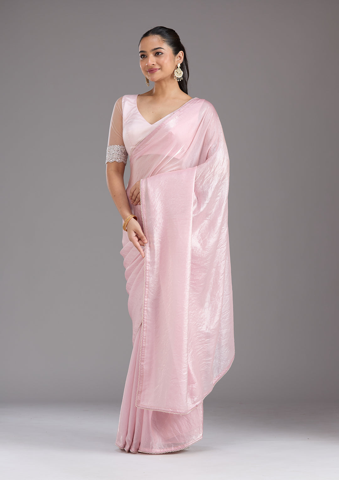 Baby Pink Pearlwork Tissue Saree