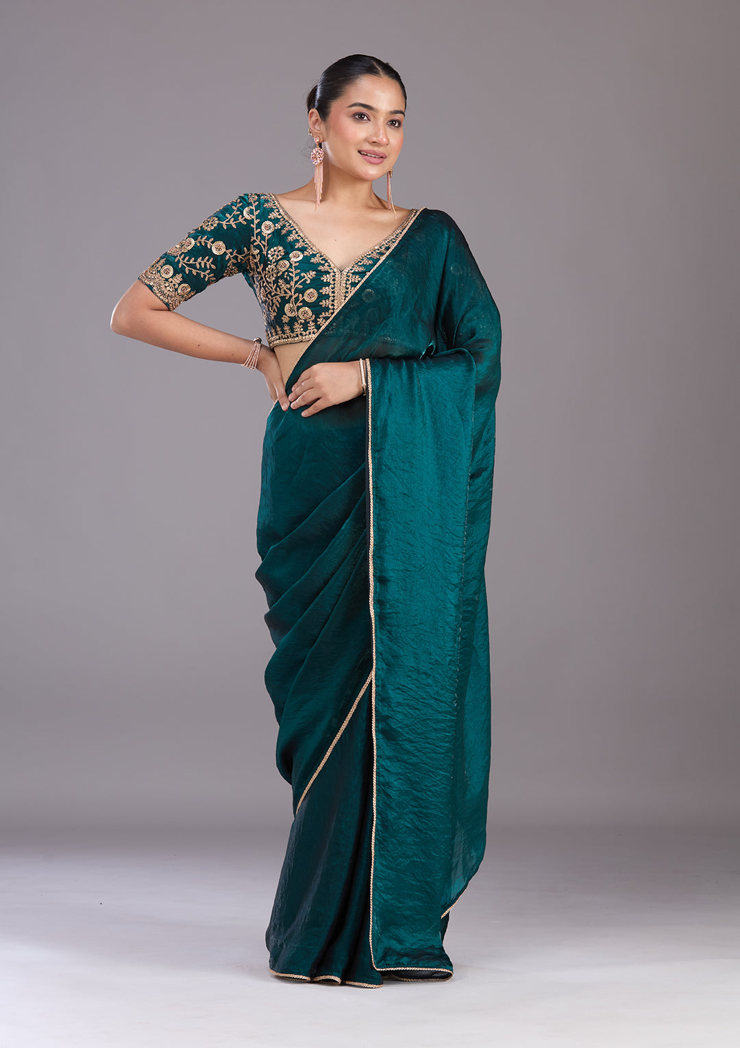 Bottle Green Sequins Tissue Saree