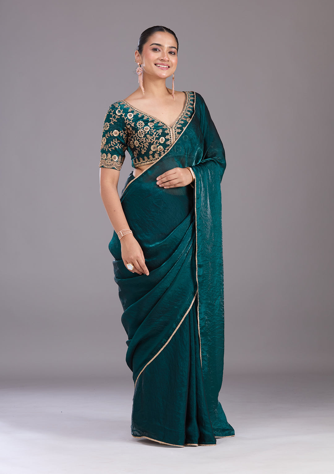 Bottle Green Sequins Tissue Saree
