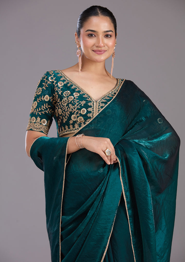 Bottle Green Sequins Tissue Saree