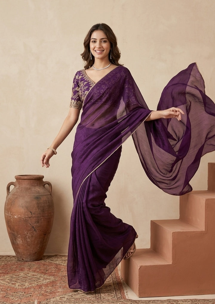 Purple Tissue Sequins Saree With Matching Blouse Piece