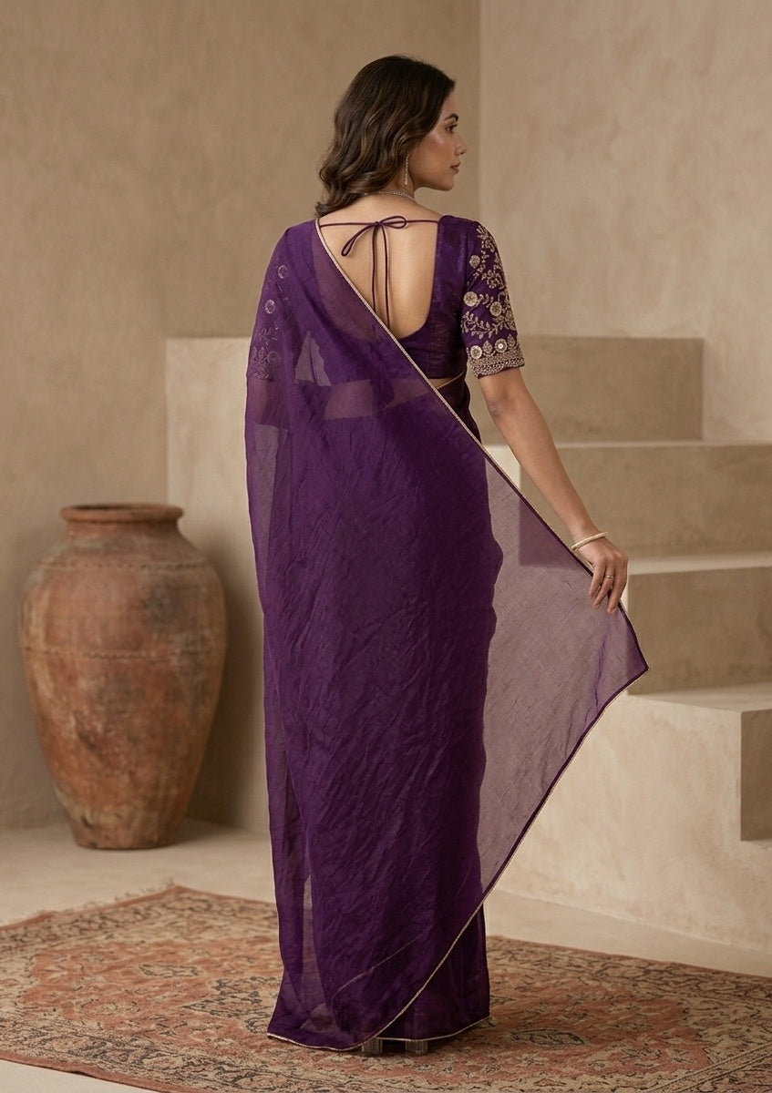 Purple Tissue Sequins Saree With Matching Blouse Piece