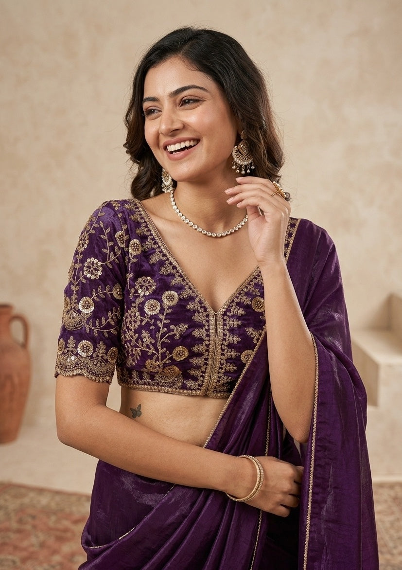 Purple Tissue Sequins Saree With Matching Blouse Piece