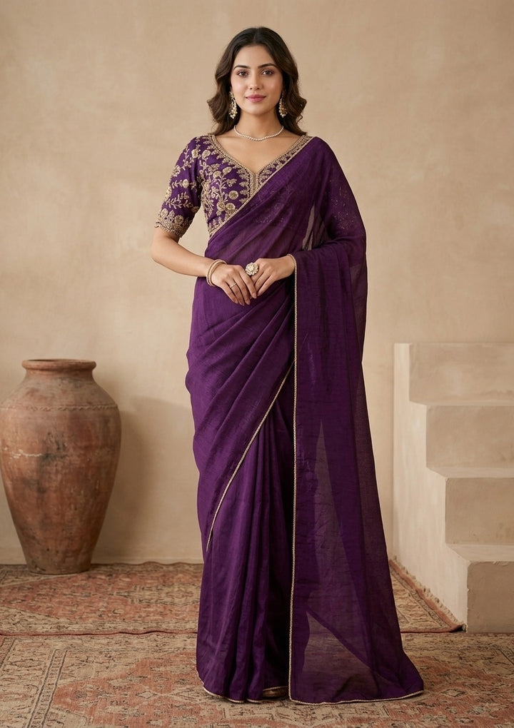 Purple Tissue Sequins Saree With Matching Blouse Piece