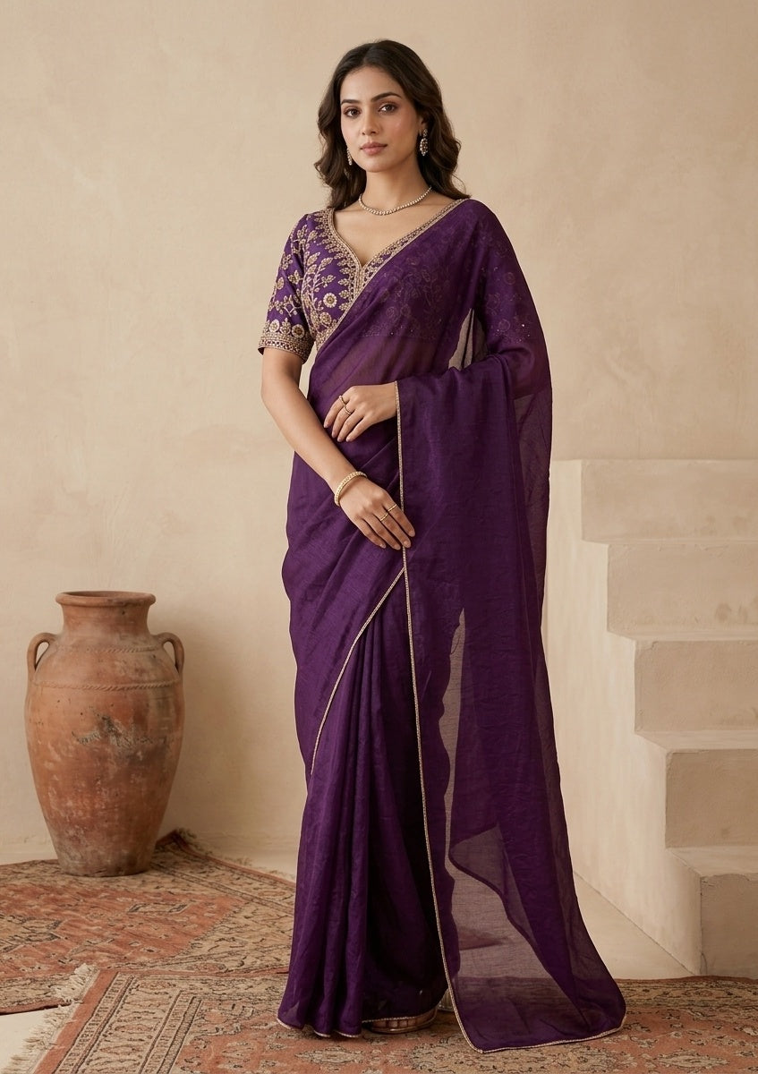 Purple Tissue Sequins Saree With Matching Blouse Piece