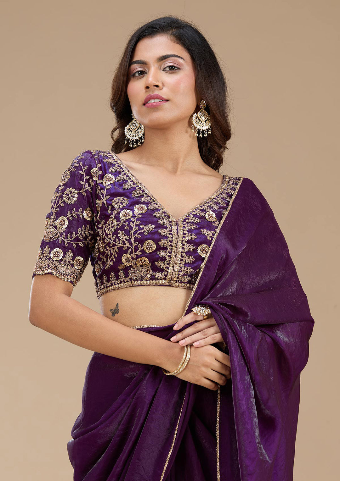 Purple Sequins Tissue Saree