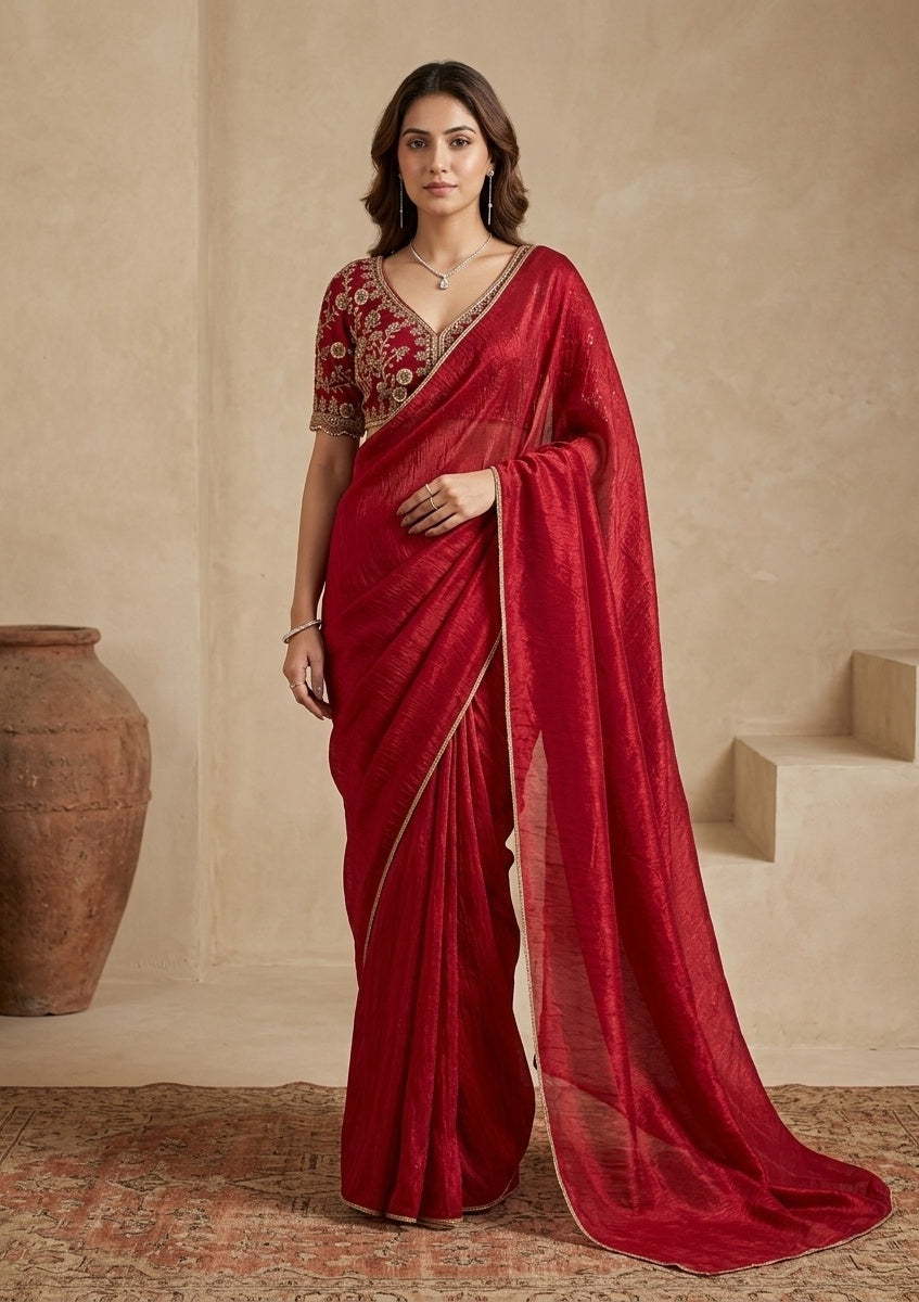 Rani Pink Tissue Sequins Saree With Matching Blouse Piece